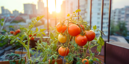 Red, yellow and orange tomatoes growing in container located on house balcony or terrace. Urban agriculture concept.の素材