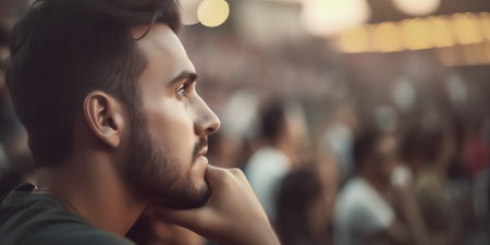 Bearded man watches sports game on stadium spectator places closeup. Football fan interested in match touches chin against blurry crowdの素材