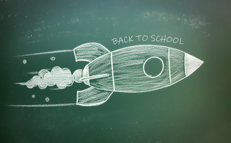 Chalk drawing space rocket ship with Back to School text on blackboard.の素材