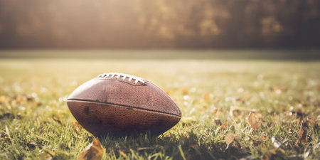 Old leather American football ball on lawn grass with autumn leaves closeup. Sportive outdoor activity at house backyard on sunny dayの素材