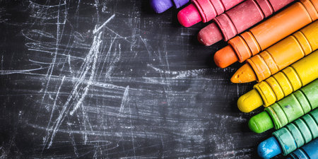 Assortment of colored chalks for drawing put on blackboard with marks closeup. Chalk for crafting funny drawings during school hoursの素材