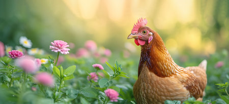 Cute hen sits on forest meadow surrounded by clover flowers. Hen walks in fairy tale forest in morning sunlight enjoying flowers growing on meadowの素材