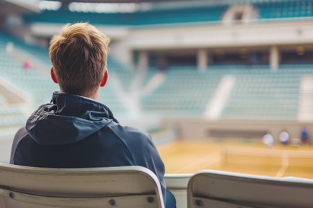 Man fan cheers for tennis player during game sitting on tribune. Man eyes never leaving court not to skip every moment of international matchの素材