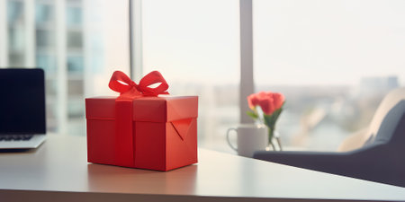 Neatly wrapped present box placed on office table adorned in colorful wrapping. Romantic surprise from loving partner on holidayの素材