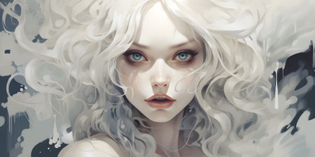 Portrait of blonde young woman with loose hair. Whimsical illustration with mythical fairy which enchants spectators with deep glanceの素材