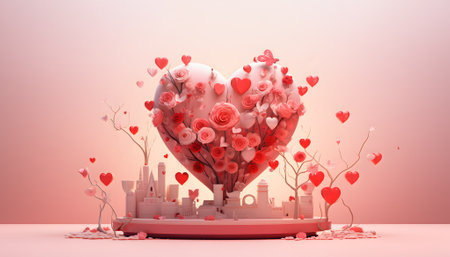 Gigantic heart adorned with roses and smaller hearts placed above toy city. Breathtaking display of heart rendered with stunning detailの素材