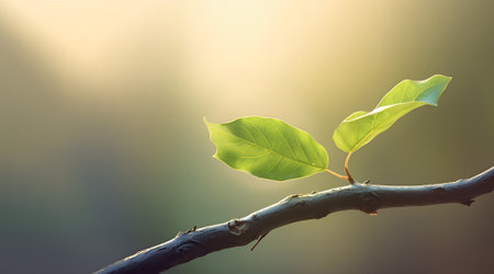 Twig with young leaves at blurry backdrop closeup. Fresh and peaceful scene of spring blooming of trees in garden. Awakening of nature conceptの素材