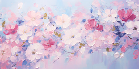 Oil painting of blooming flowers in pastel colors. Impressive drawing of spring blossom painted by talented artist. Colorful floral illustrationの素材