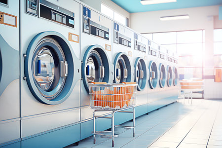 Set of washing machines in well-lit public laundry premise. Cart with dirty clothes left by owner complements picture of laundry working dayの素材