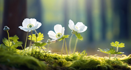 Anemone blooms in forest area under sun rays in spring. Each flower splash of vibrant color being testament to renewal of life in forestの素材