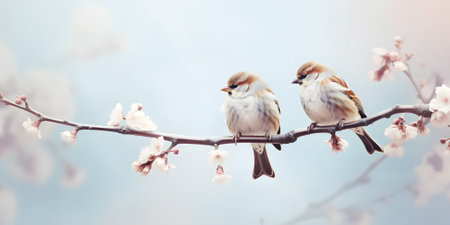 Sparrows perch delicately on twig of blooming Sakura tree. Small bodies of birds contrast beautifully against delicate pink blossoms in spring timeの素材