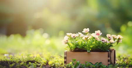 Wooden pot with Jasmine flowers stands on garden flowerbed during sunny day. Jasmine blooms seem to bask in sunlight with petals shimmeringの素材
