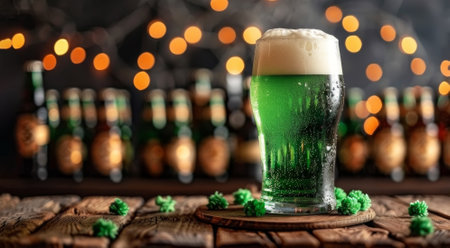Glass of green beer on wooden table against blurred bar counter with green hop leaves in the style of mixes realistic and fantastical elements. St. Patricks Day conceptの素材