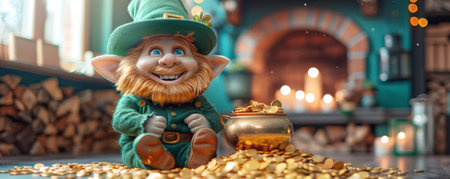 Leprechaun patrick with his golden coins in pot and pile of gold indoor of house in the style of detailed character illustrations. St. Patrick Day conceptの素材