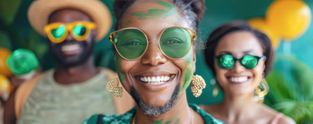 St Patricks day party with friends in green glasses and green paint are making faces in the style of feminine empowerment, traditional arts of africa, oceania, and the americasの素材