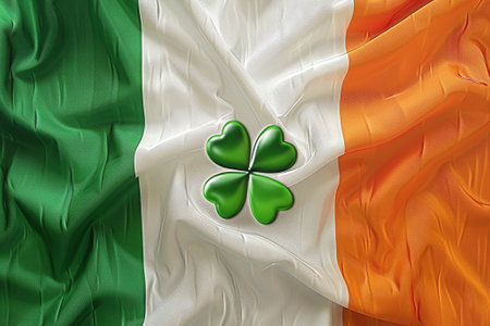 Official irish flag in national colors and green four leaf clover on banner backgroundの素材