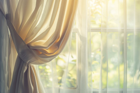 Room windows with white tulle and beige curtains closeup. Soft ethereal ambiance that bathes room in gentle light. Tranquil sanctuaryの素材