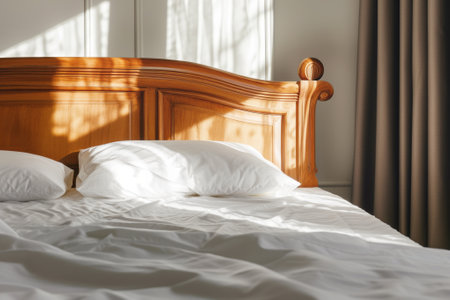 Sun rays fall on minimalistic double bed in apartment. Promotion sense of peace in living space casting warm and inviting glow in flatの素材