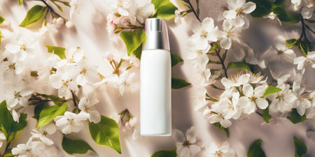 Skincare cream consists of natural ingredients in bottle among flowers. Cream enriched with botanical extracts and nourishing oils to nurture skinの素材