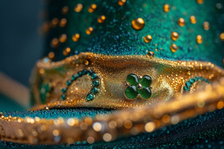 Leprechaun hat decorated with golden drops ribbon and smaragd cloves with horseshoes closeup. St. Patrick holiday symbolic accessoryの素材