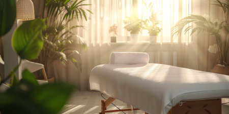 Luxurious spa massage table and soft linens provide ultimate place for rest. Modern spa room offers quiet atmosphere to relax in comfortの素材