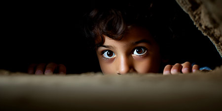 Young child peeks out from behind a hole in the floor ground hiding in a basement of house during a military bombing attack.の素材