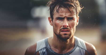 Male athlete running for the rain with tired face expression and beads of sweat in the style of exaggerated facial features close up intensity.の素材