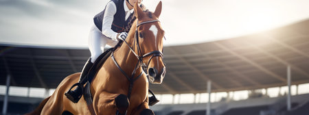 Female equestrian athlete at riding hippodrome arena with brown horse on sunny day outdoor.の素材