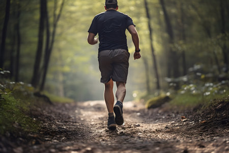 Back view of male athlete is running down through forest path during spring weather at dawn.の素材