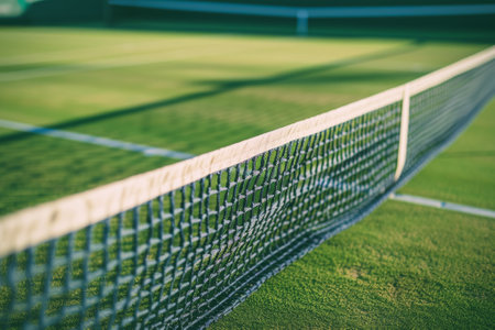 Tennis grass court with net for professional players closeup. Spacious sports area with soft surface for exciting match on warm summer dayの素材