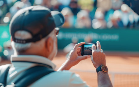 Pensioner in cap records video of match using smartphone. Senior man lifts mobile phone to capture action unfolding on court during gameの素材