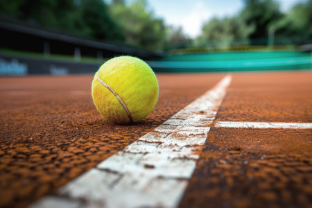Tennis ball lies near marking on clay surface of spacious court closeup. Yellow ball with marks of active tennis match on hot summer dayの素材