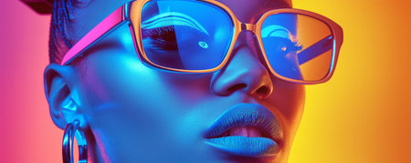 African-American woman with neon eyeshadows and square glasses on color background closeup. Night club rave lover portrait. Cyberpunk spiritの素材