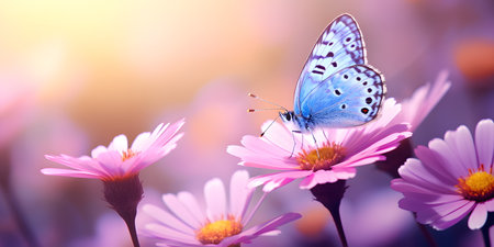 Small blue butterfly sitting on gentle pink flower in spring garden closeup. Gentle flying insect gathering sweet nectar from buds on flowerbedの素材