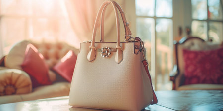 Vintage women bag put on table in living room. Old fashioned accessory of glamorous lady in luxury apartment. Stylish handbag performanceの素材