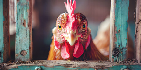 Rooster face stares through wooden slit in chicken coop. Domestic bird reveals blend of curiosity and watchfulness. Candid view of farmyard lifeの素材