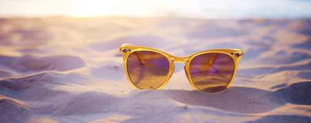 Photo pour Protective sunglasses placed in sand on summer beach. Summer season eyewear completed with beach surrounding creates vibrant vacation picture - image libre de droit