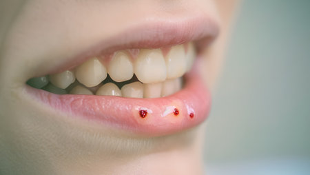 Young woman with wounds on lower lip on blurry background closeup. Patient suffering from herpes virus visits clinic. Medical treatment of illnessの素材
