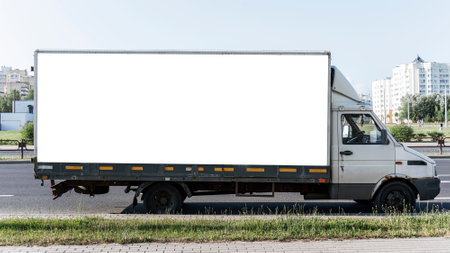 Side view of delivery truck with large blank white panel on its cargo area parked on side of road. Truck is slightly worn and urban background includes greenery and residential buildings.の写真素材