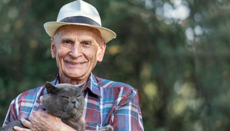 Smiling elderly man wearing straw hat and plaid shirt holding gray cat in his arms outdoors on sunny day.の写真素材