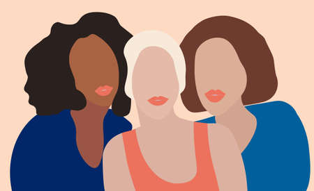 Three beautiful girls from different races. Female friendship.のイラスト素材
