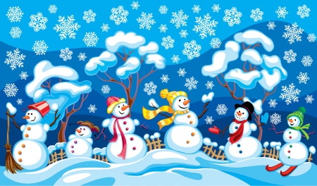 snowmen against a winter landscapeのイラスト素材