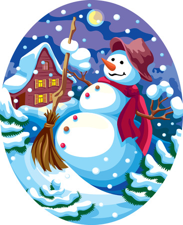 Evening Christmas landscape with a snowmanのイラスト素材