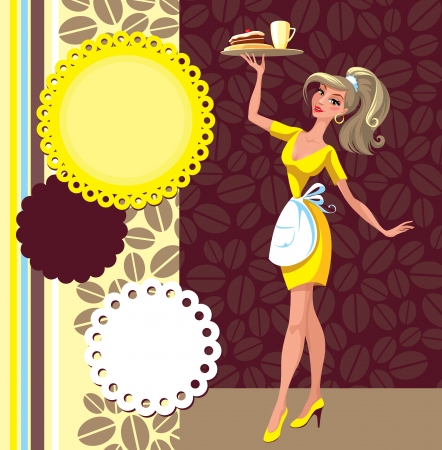 the waitress and a set of elements on cafeのイラスト素材