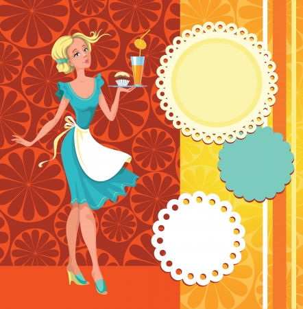 The waitress with orange juice and a set of decorative elements for cafeのイラスト素材