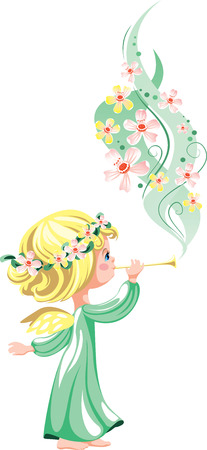 Angel in green, playing on a pipe a melody of flowersのイラスト素材