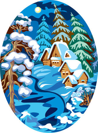 Winter oval landscape with a fairytale village, river and forestのイラスト素材