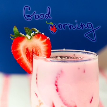 Strawberry smoothie with fresh strawberry towel with red lineの写真素材