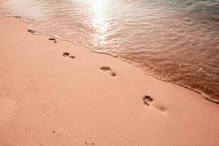 Footsteps on the sunset beach by the sea in summerの写真素材