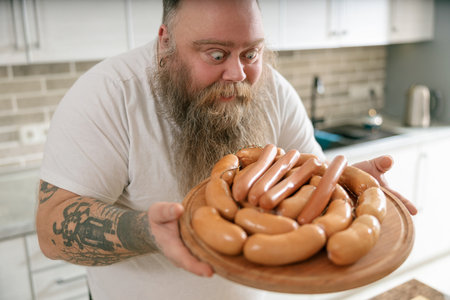 Emotional fat funny and tattooed man with food at the kitchen at homeの写真素材